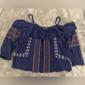 American Eagle Outfitters Open Shoulder Top Navy Blue size Small embroidered